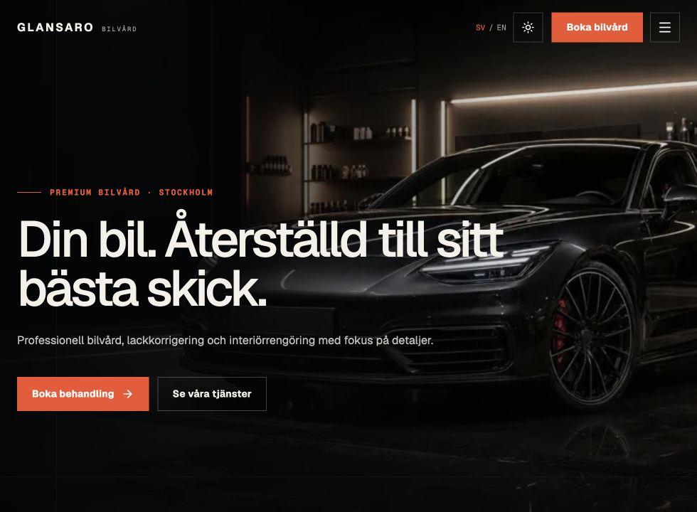 Förhandsvisning av Glansaro Bilvårds webbplats med onlinebokning