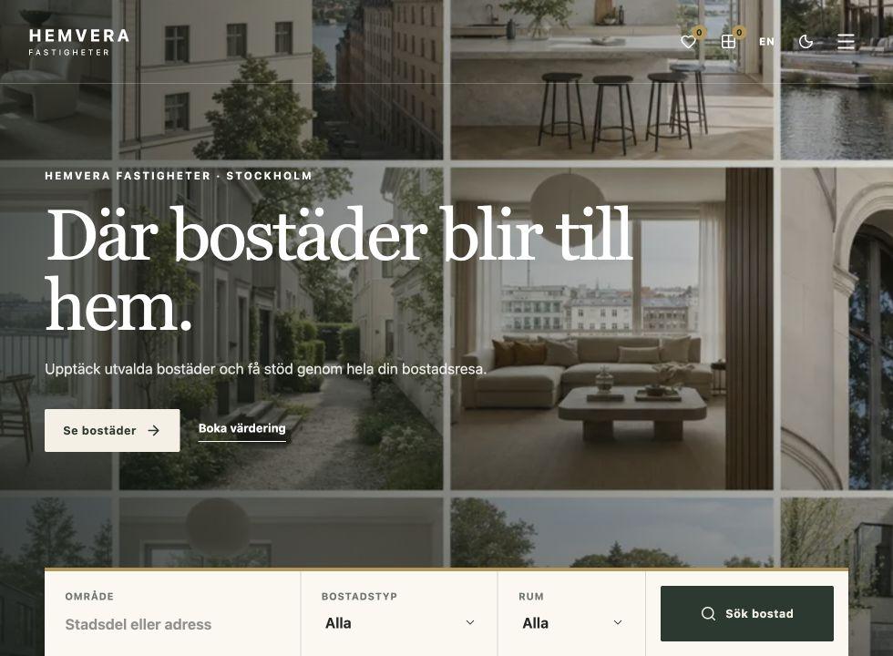 Förhandsvisning av Hemvera Fastigheters webbplats med objektkatalog